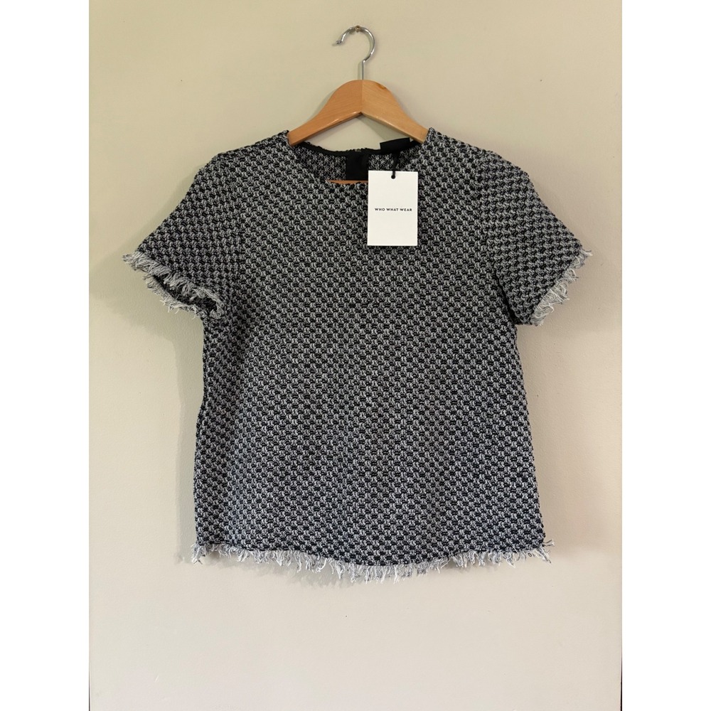 Who What Wear Womens Medium Jet Black Tweed Fringe Hem Short Sleeve Blouse NWT - Picture 2 of 9